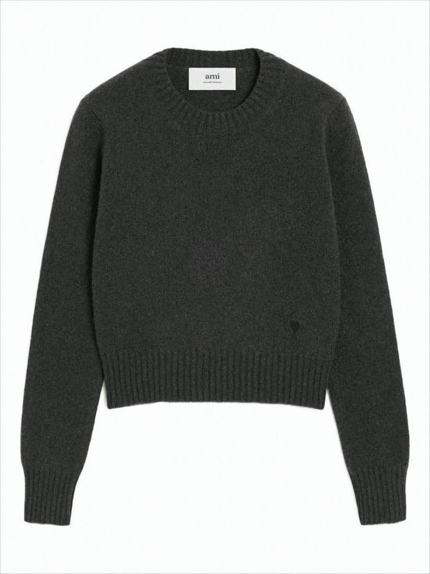 Ami Cropped Grey Cashmere And Wool Sweater