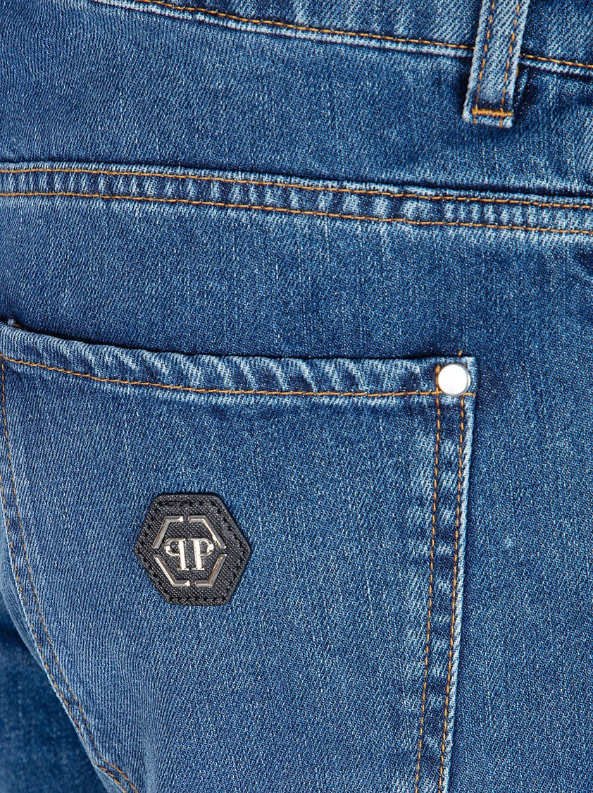 Philipp Plein Straight-Leg Blue Denim Jeans With Logo Patch