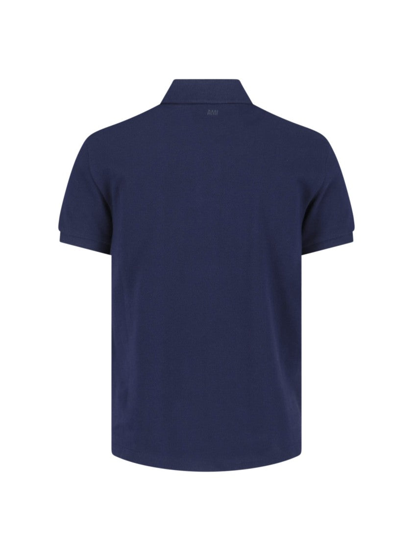 Ami Paris Navy Organic Cotton Polo With Classic Collar