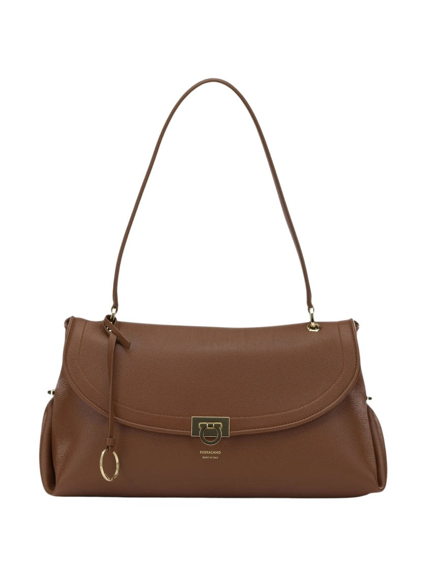 Salvatore Ferragamo Brown Pebbled Leather Shoulder Bag With Gancini Lock