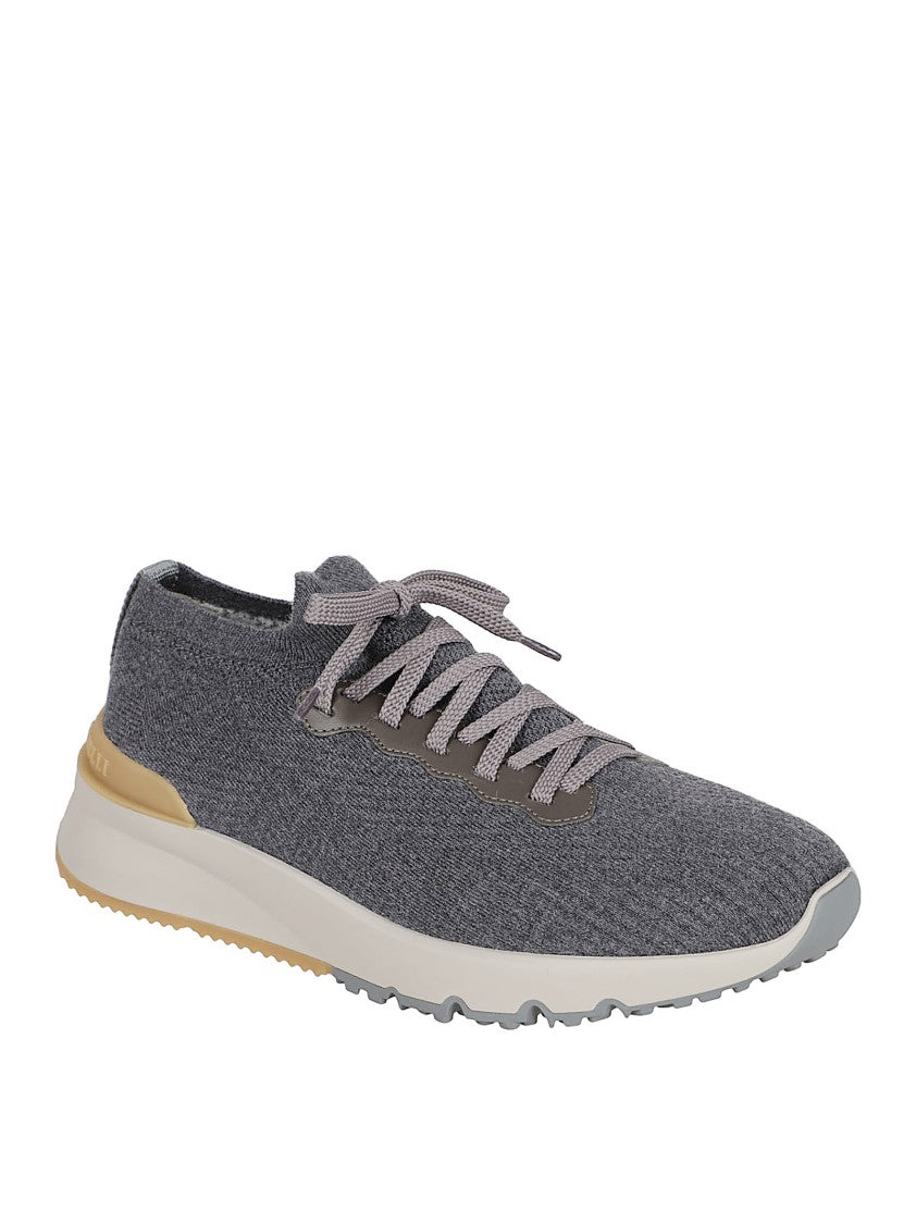 Brunello Cucinelli Taupe Wool Knit Runners With Semi-Gloss Calfskin Accents