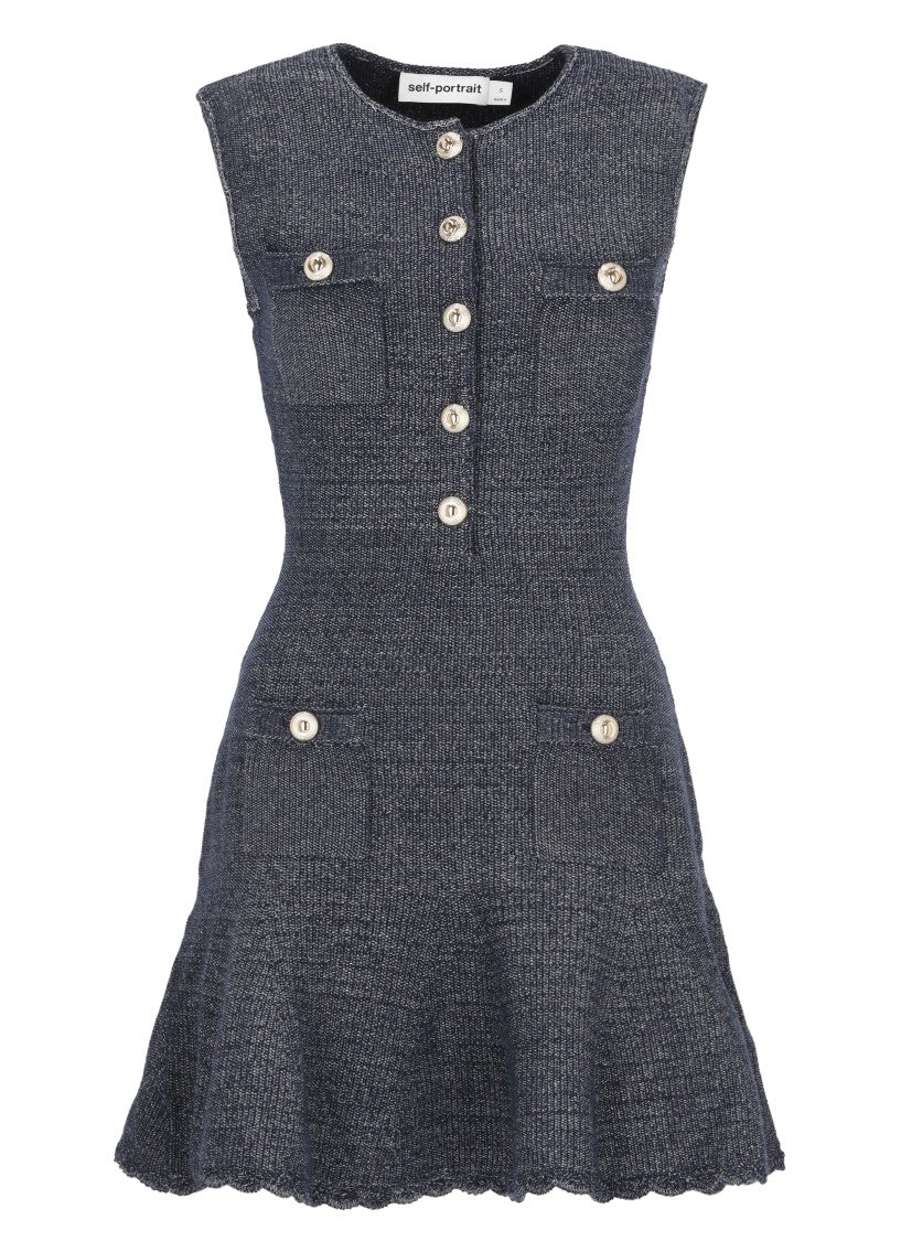 Self-Portrait Denim Midi Dress With Jewel Buttons And Flared Skirt