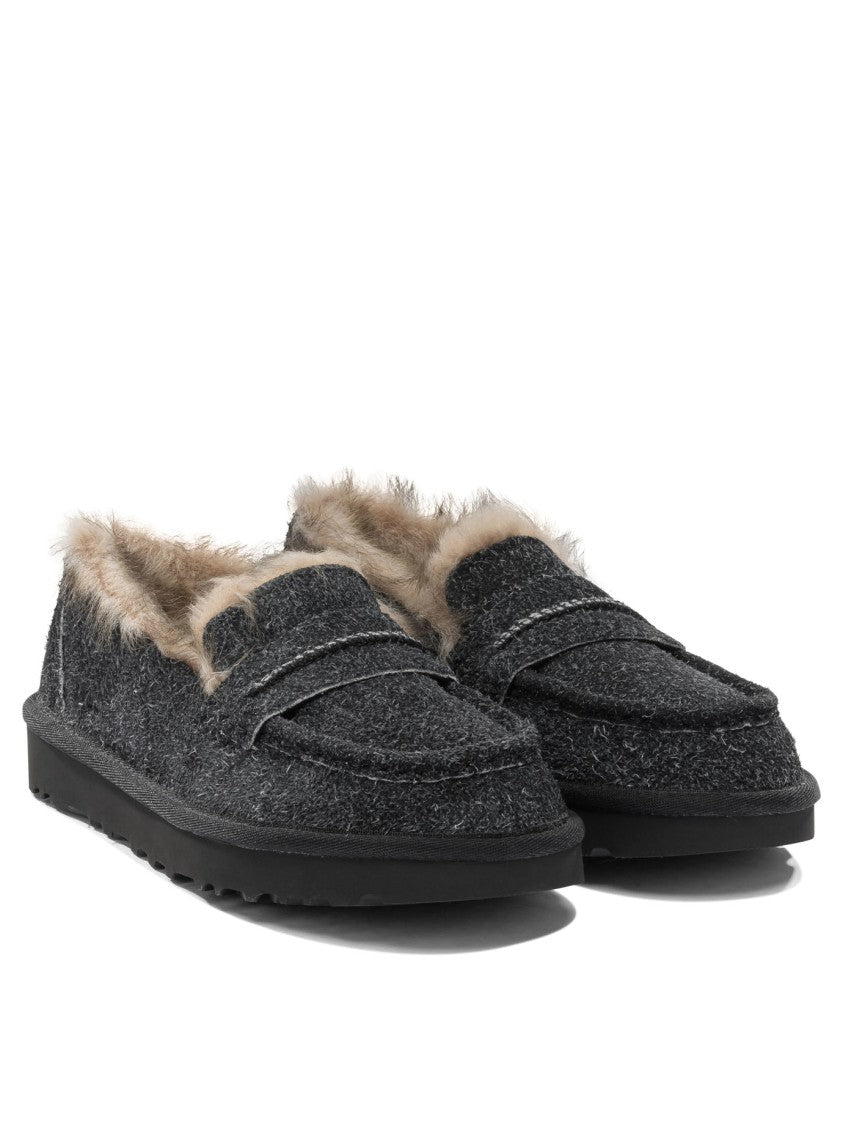 Ugg Textured Dark Grey Suede Loafers With Moccasin Silhouette