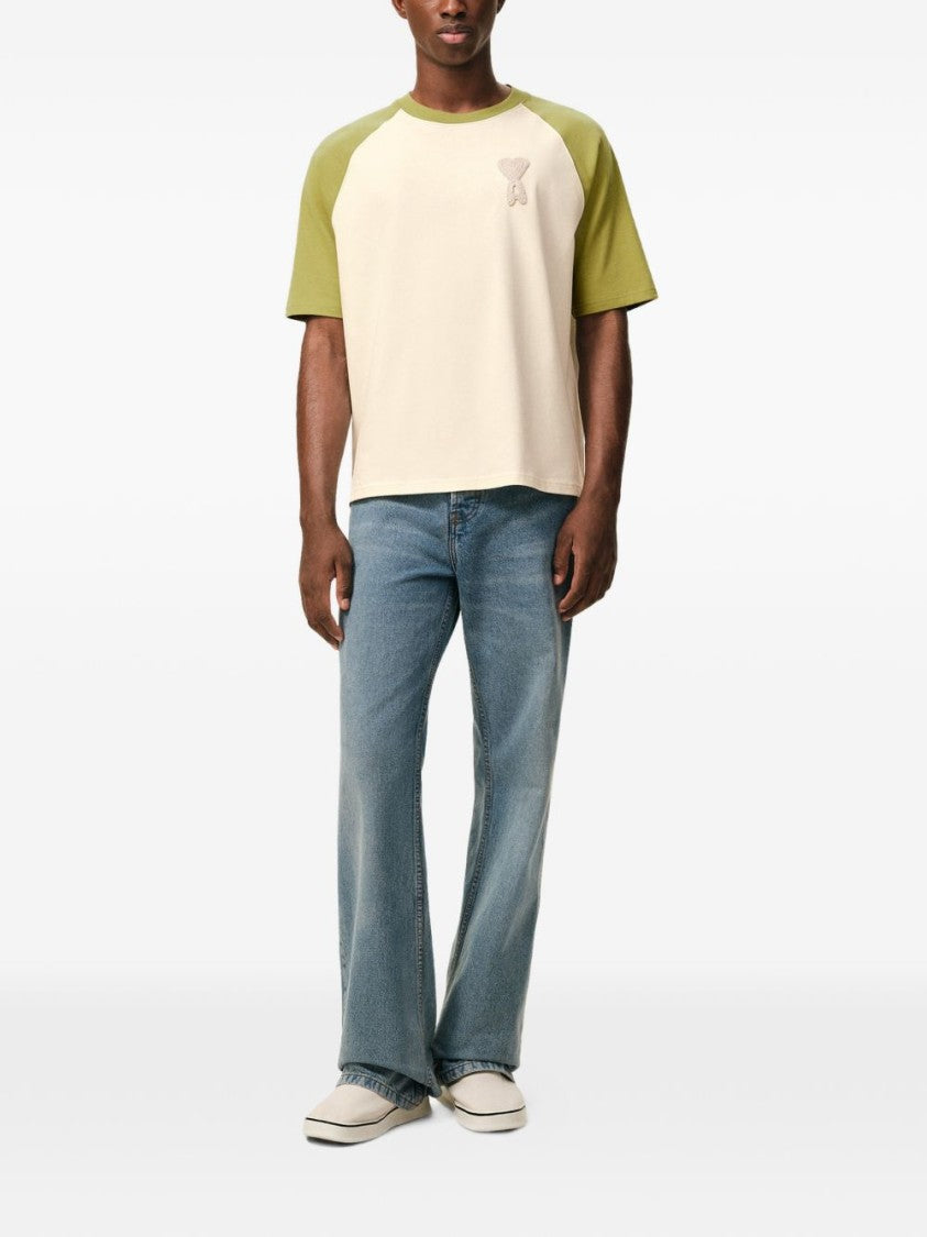 Ami Paris Cream Knitted Raglan Sleeve Patch T-Shirt