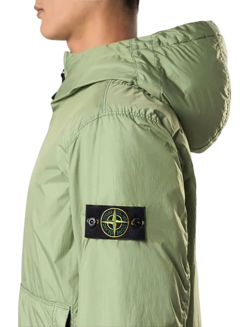 Stone Island Hooded Lightweight Green Jacket With Distinctive Patch
