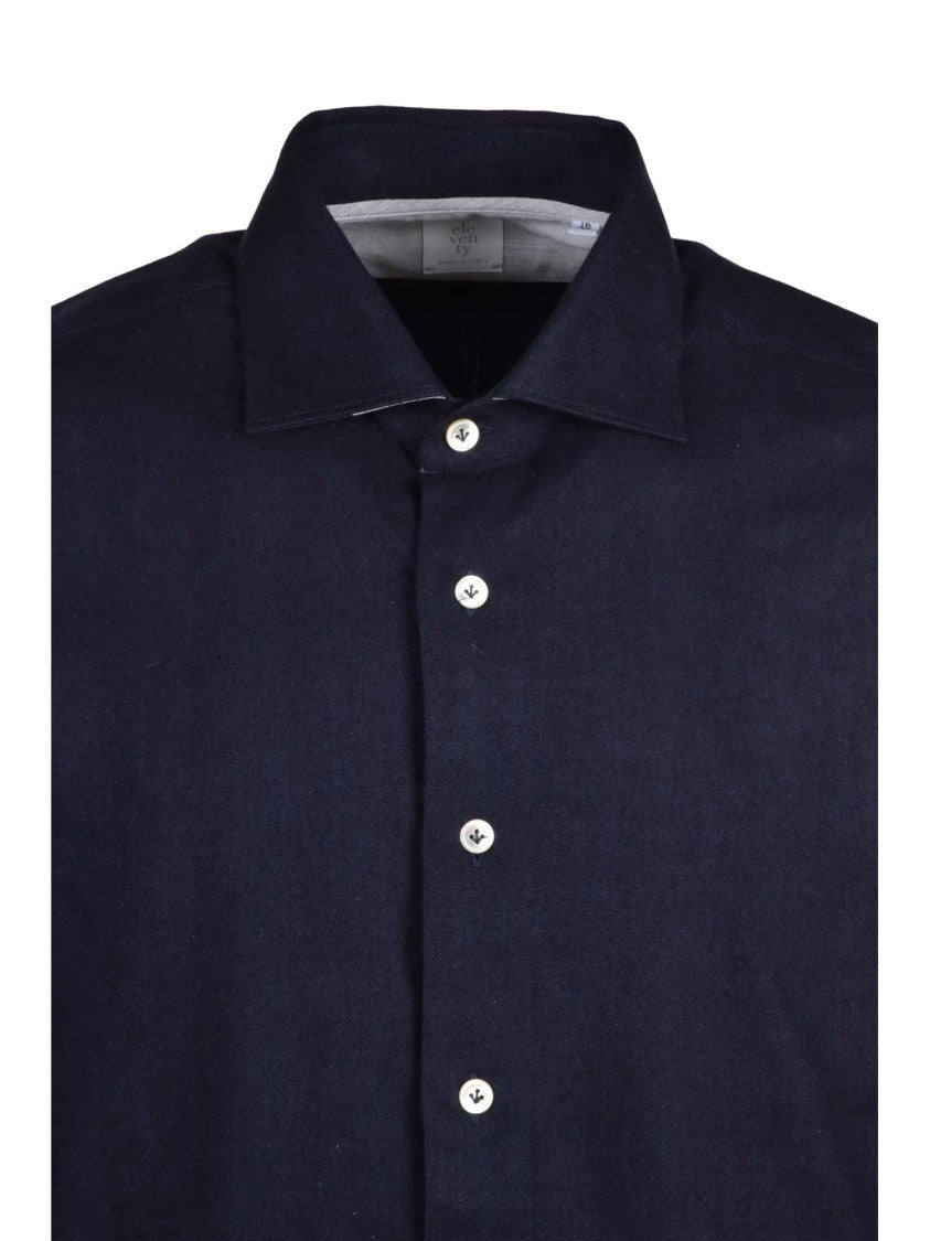 Eleventy Blue Button-Down Flannel Cotton-Blend Shirt