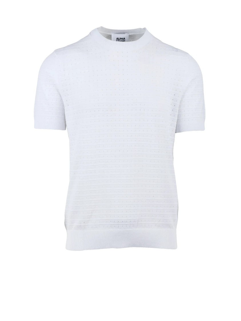 Alpha Studio White Cotton Polyester Crew Neck Knit Top