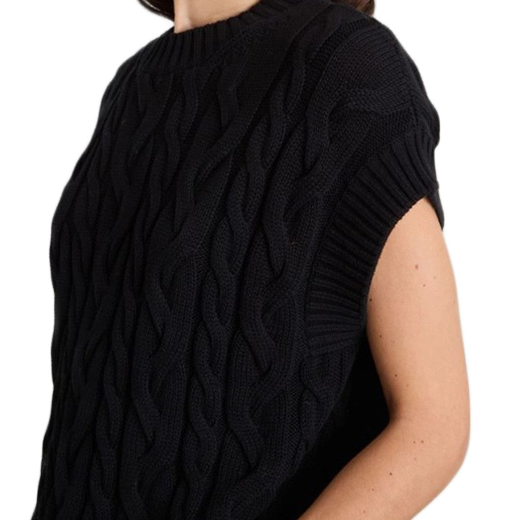 Max Mara Textured Cable Knit Black Top With Ribbed Hem