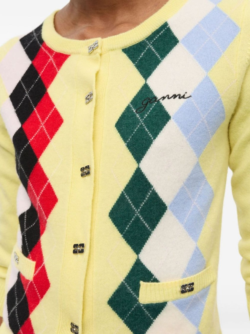 Ganni Multi-Color Check Cardigan With Silver-Tone Button Closure