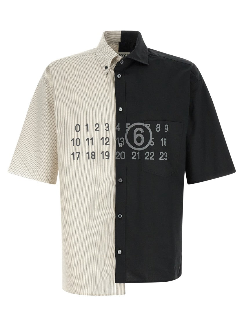 Mm6 By Maison Margiela Asymmetric Patchwork Short-Sleeve Shirt With Numeric Signature Print