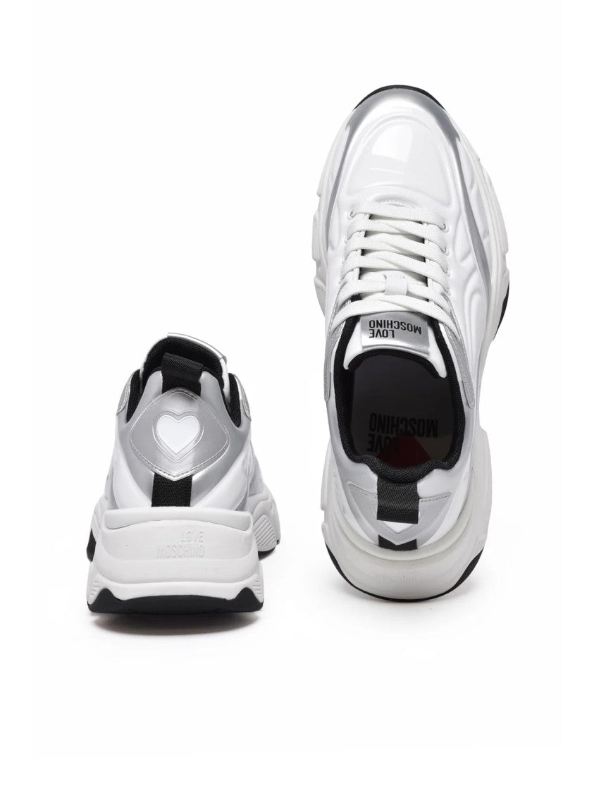 Love Moschino White Leather-Rubber Blend Sculpted Sole Chunky Sneakers