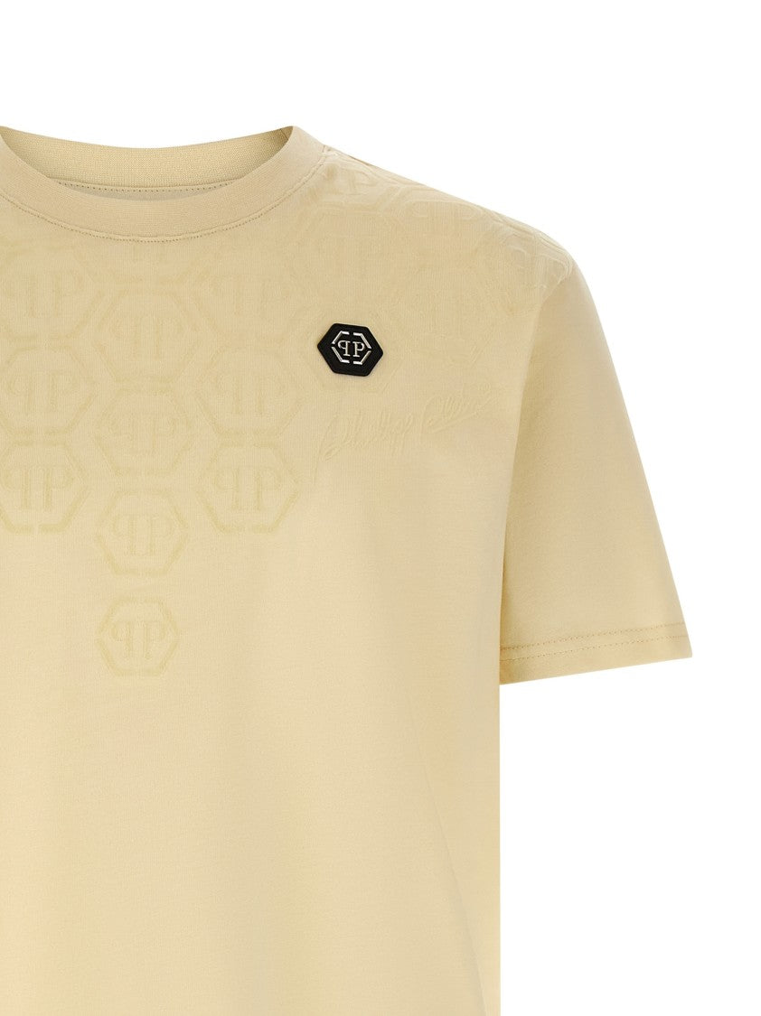 Philipp Plein Tone-On-Tone Flocked Monogram T-Shirt With Hexagon Patch
