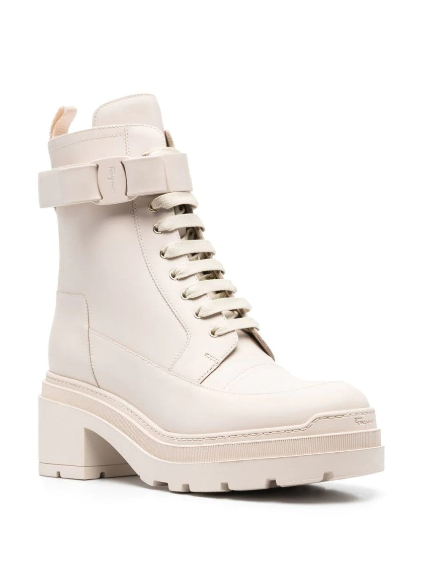 Salvatore Ferragamo White Lober Leather Lace-Up Front Ankle Boots