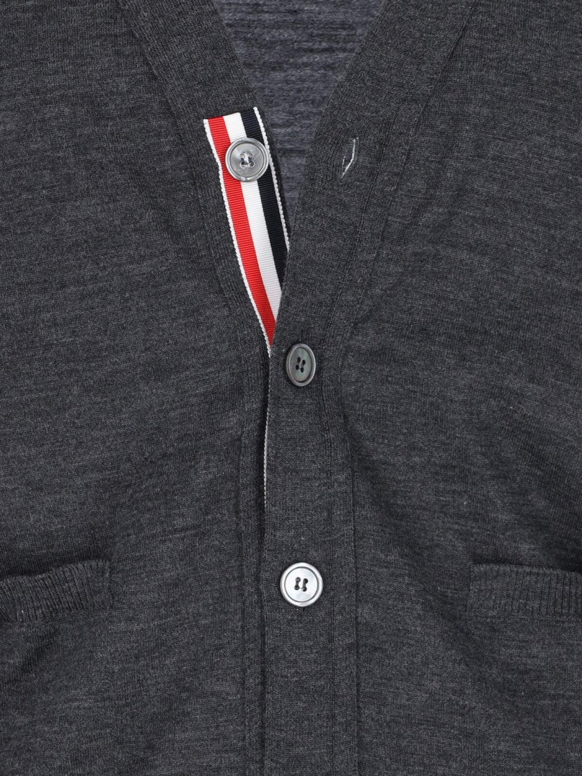 Thom Browne Iconic V-Neck Cardigan In Grey Wool With Signature Stripes