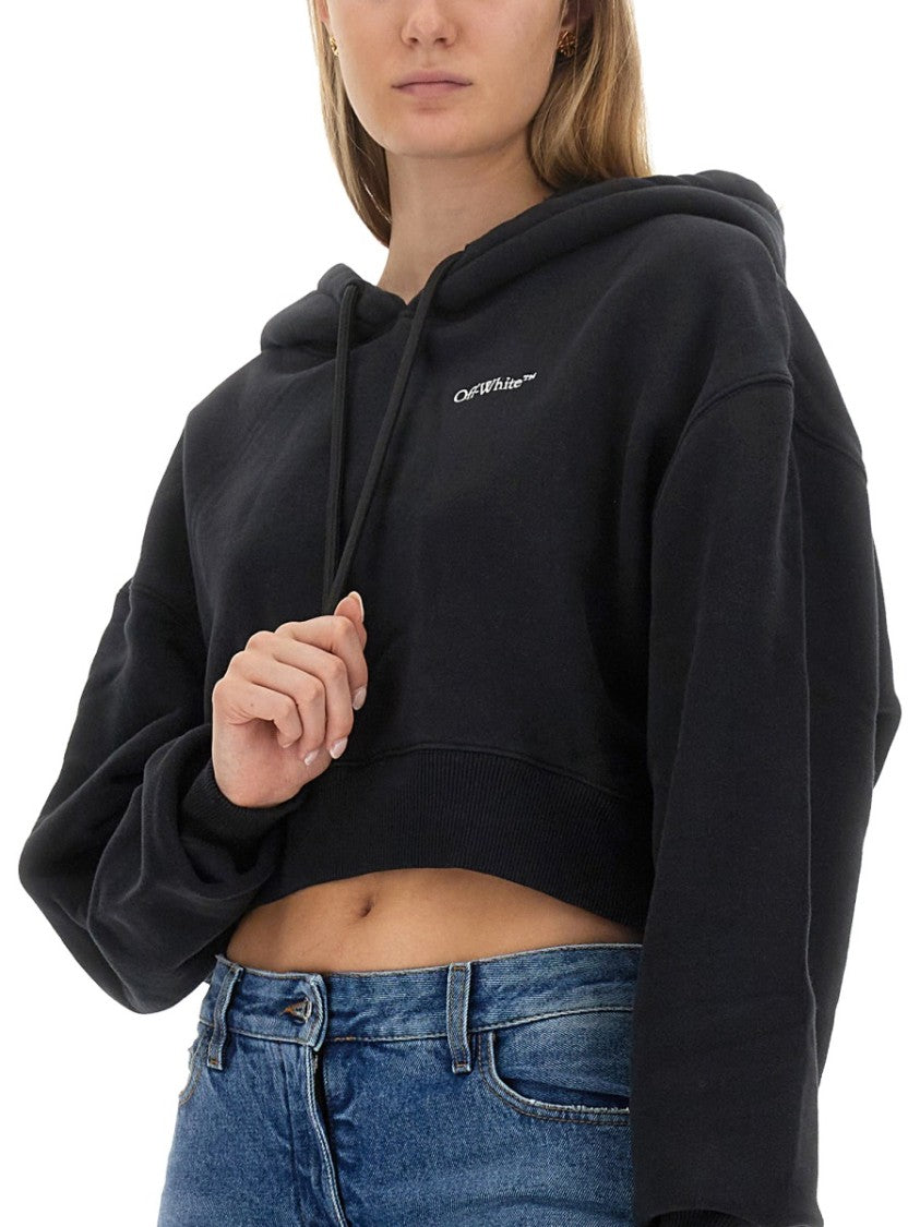 Off-White Cropped Black Sweatshirt With Hood And Drawstring