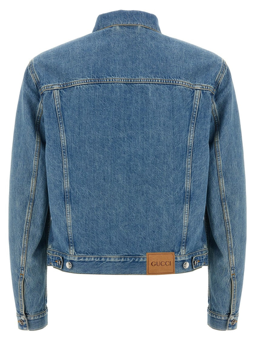 Gucci Washed Denim Jacket With Signature Gg Detailing