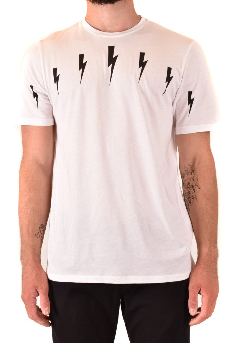Neil Barrett White T-Shirt With Black Lightning Bolt Motifs
