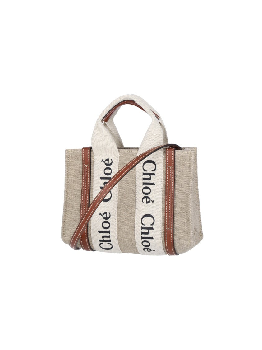 Chloé Beige Woody Mini Linen Tote Bag