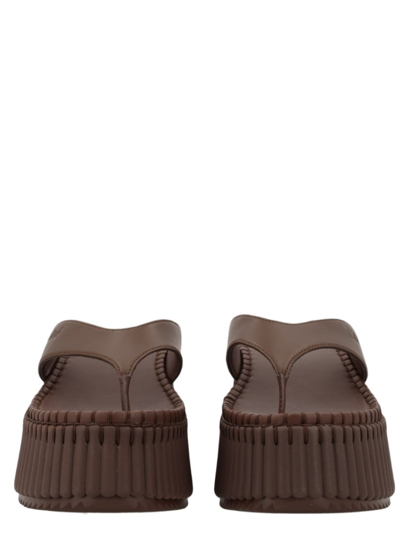 Chloé Brown Leather Platform Sandals With Ribbed Sole