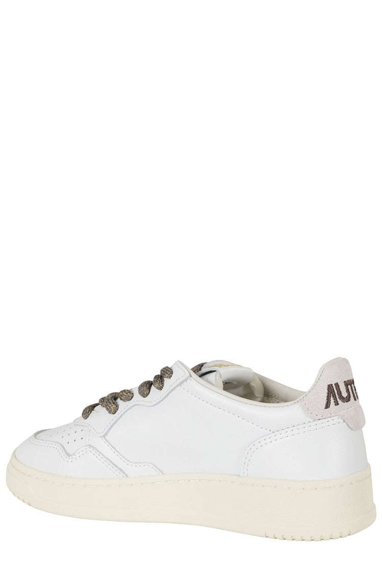 Autry White Medalist Low Suede Heel Tab Gold Laces Leather Sneakers