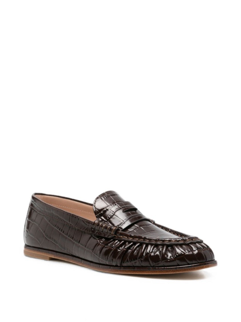 Stuart Weitzman Black Crocodile-Embossed Flat Classic Penny Loafers