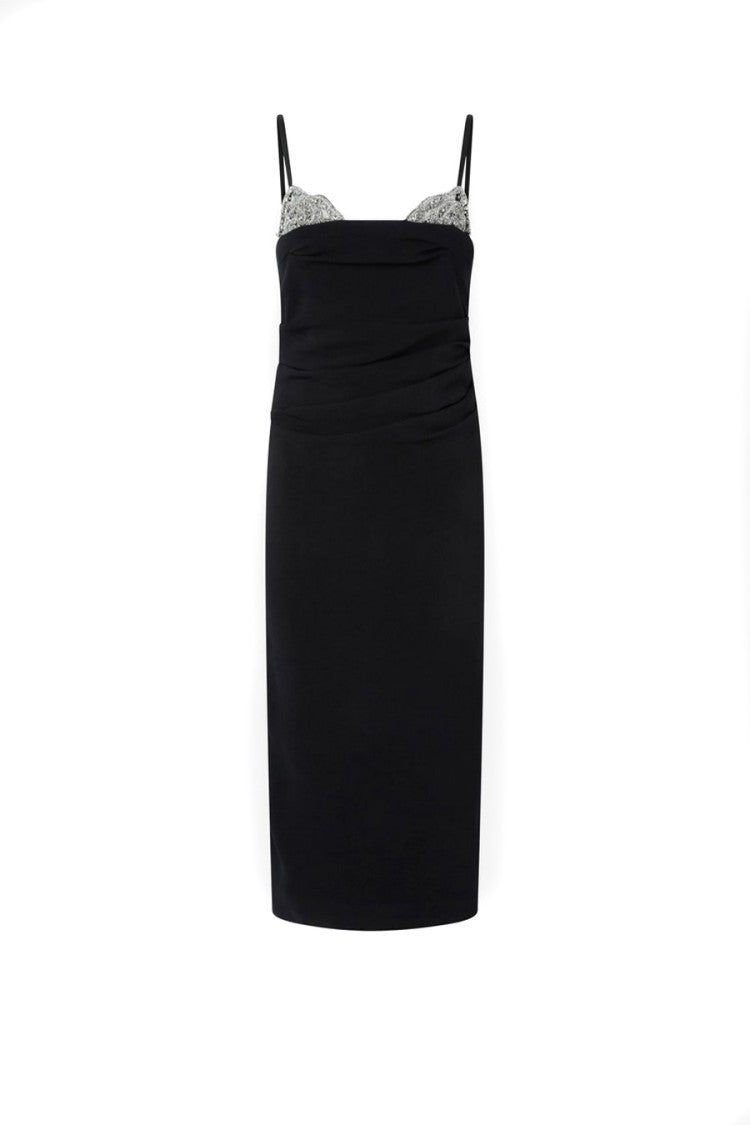 Pinko Black Rhinestone Bust Ruched Viscose-Blend Midi Dress