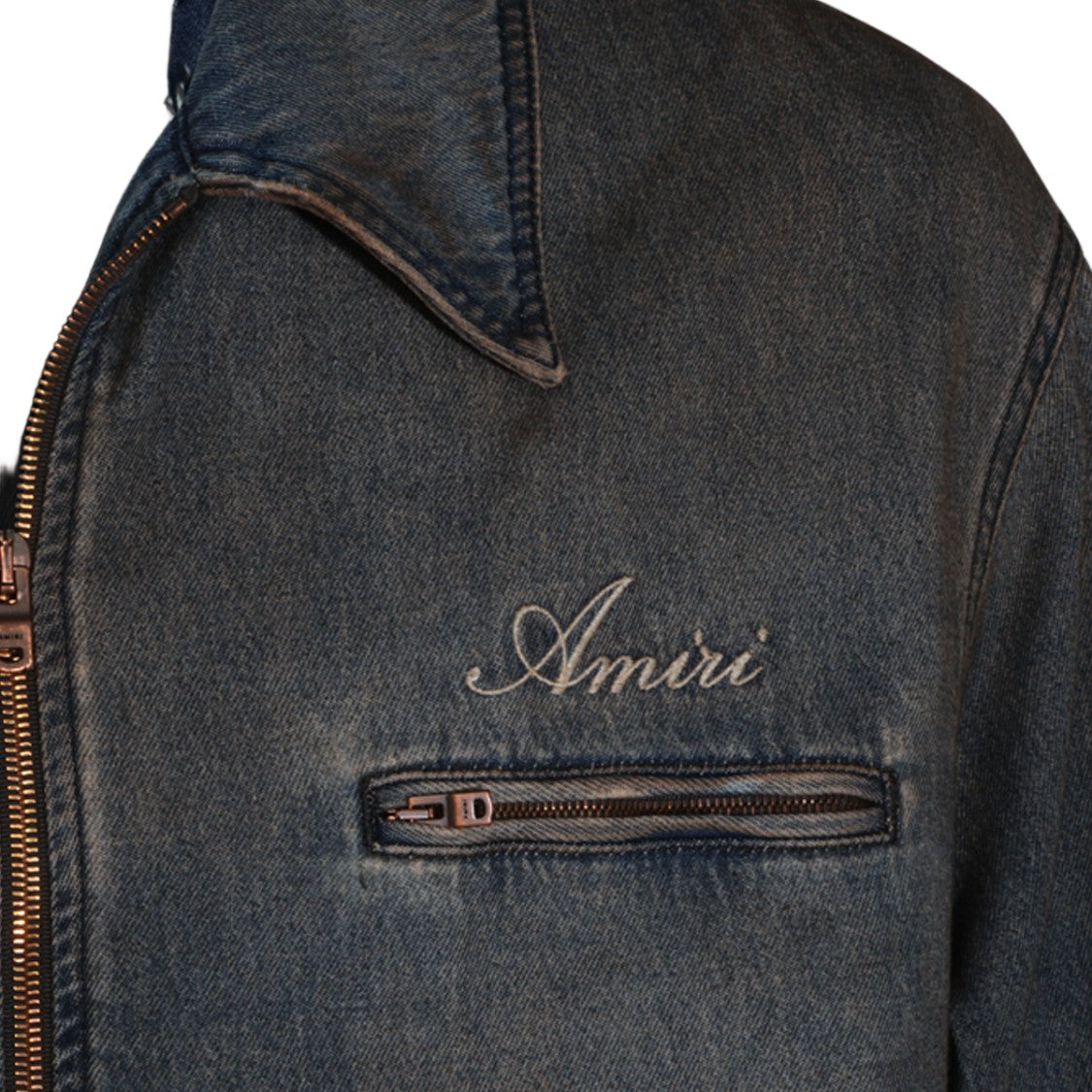 Amiri Dark Washed Denim Jacket With Zipper Closure