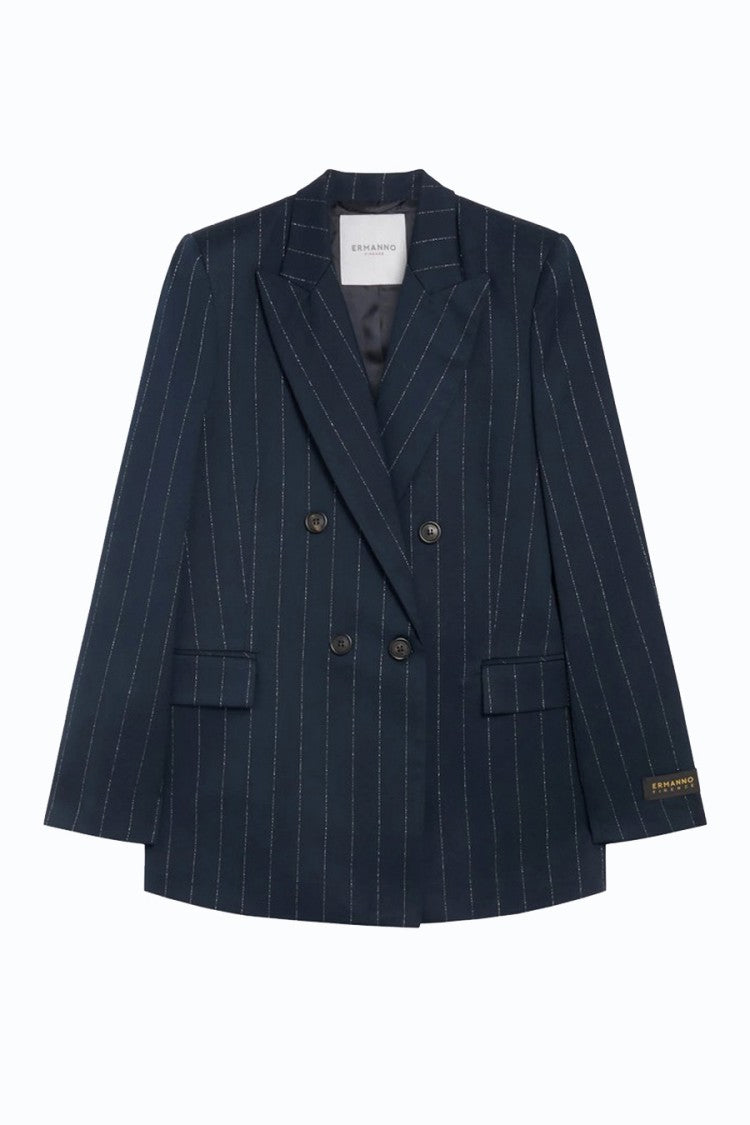 Ermanno Navy Pinstripe Double-Breasted Polyester-Blend Blazer