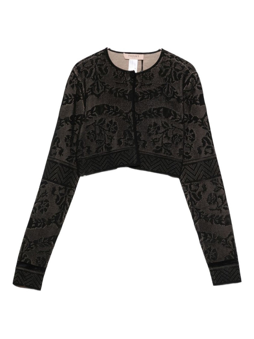 Twin-Set Cropped Sweater With Black Lace Overlay