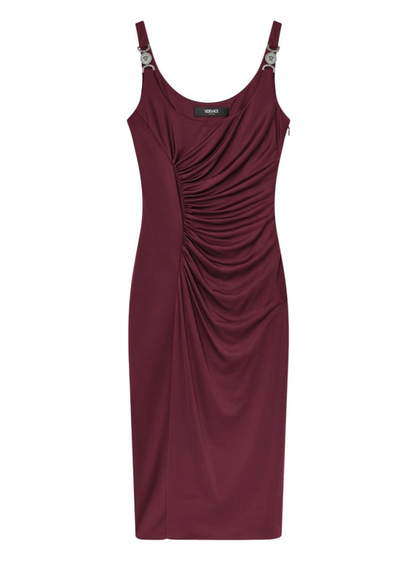 Versace Ruched Midi Dress With Silver Medallion Accents