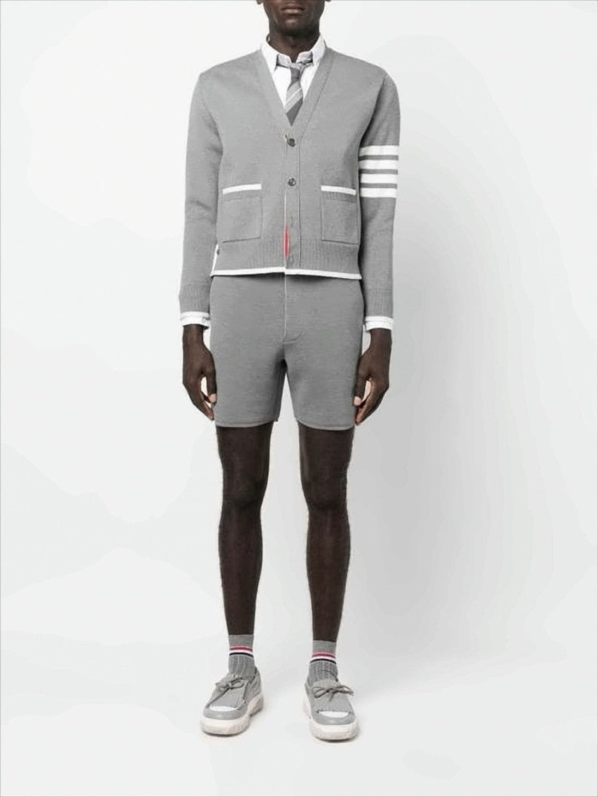 Thom Browne Cropped Grey Cardigan With V-Neckline And Signature Stripes