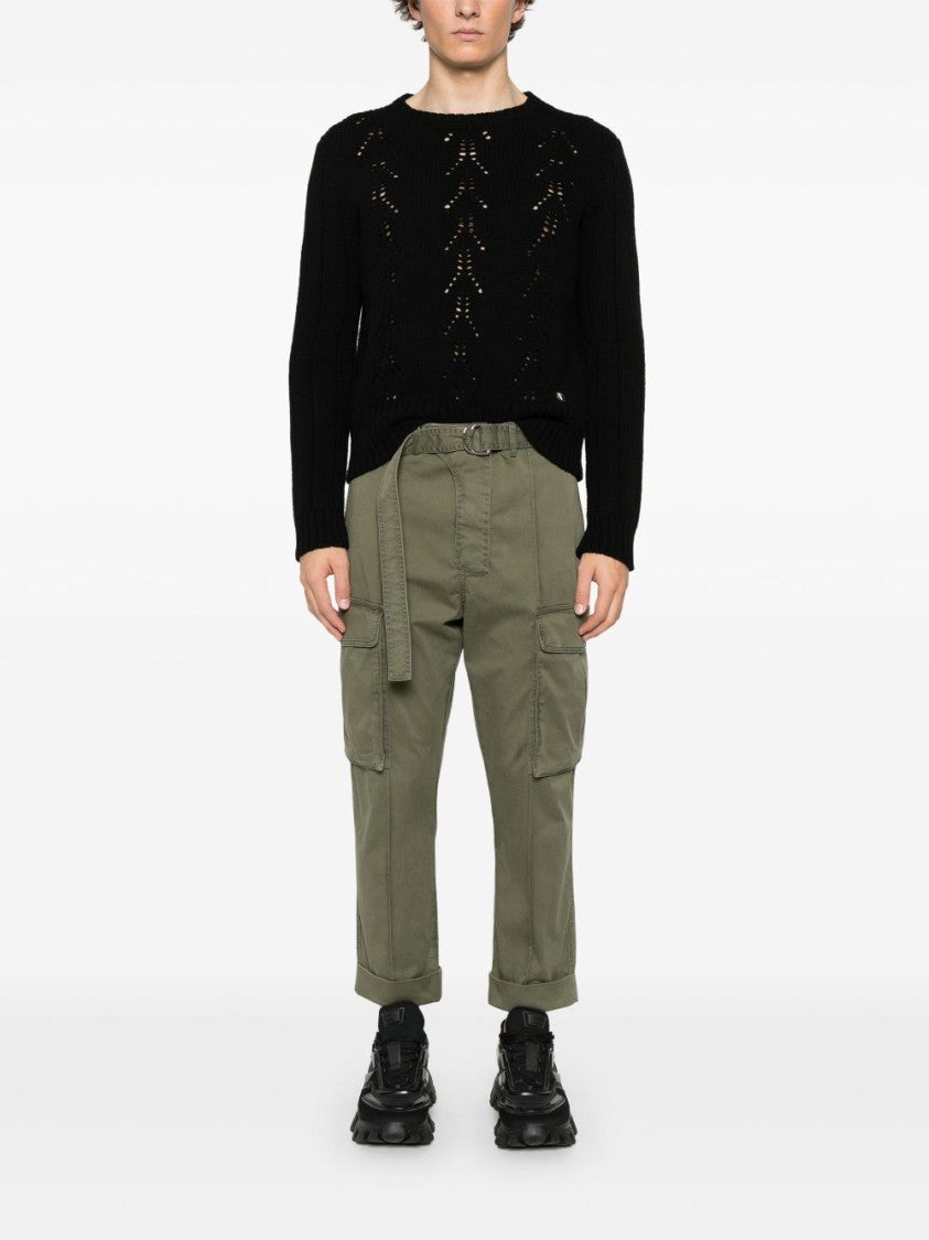 Balmain Olive Green Belted Waist Slit Trousers