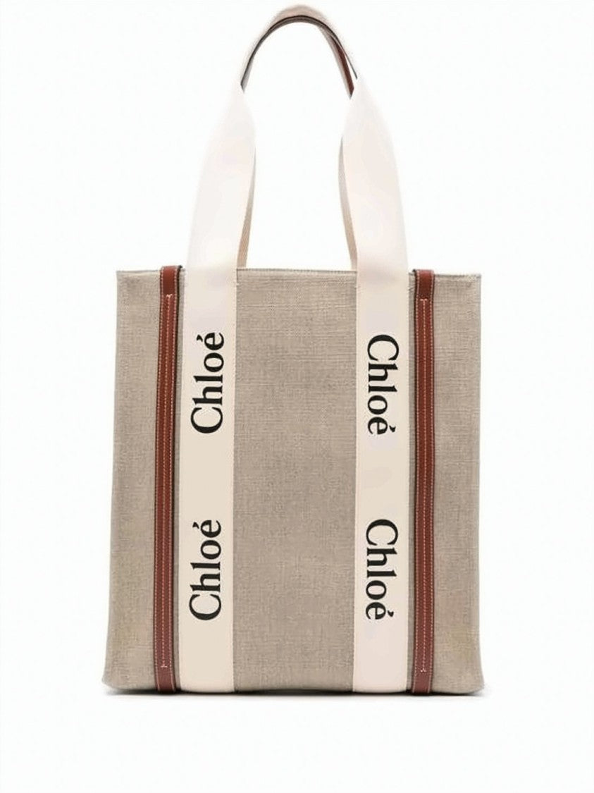 Chloé Structured Linen Tote Bag With Calf Leather Accents