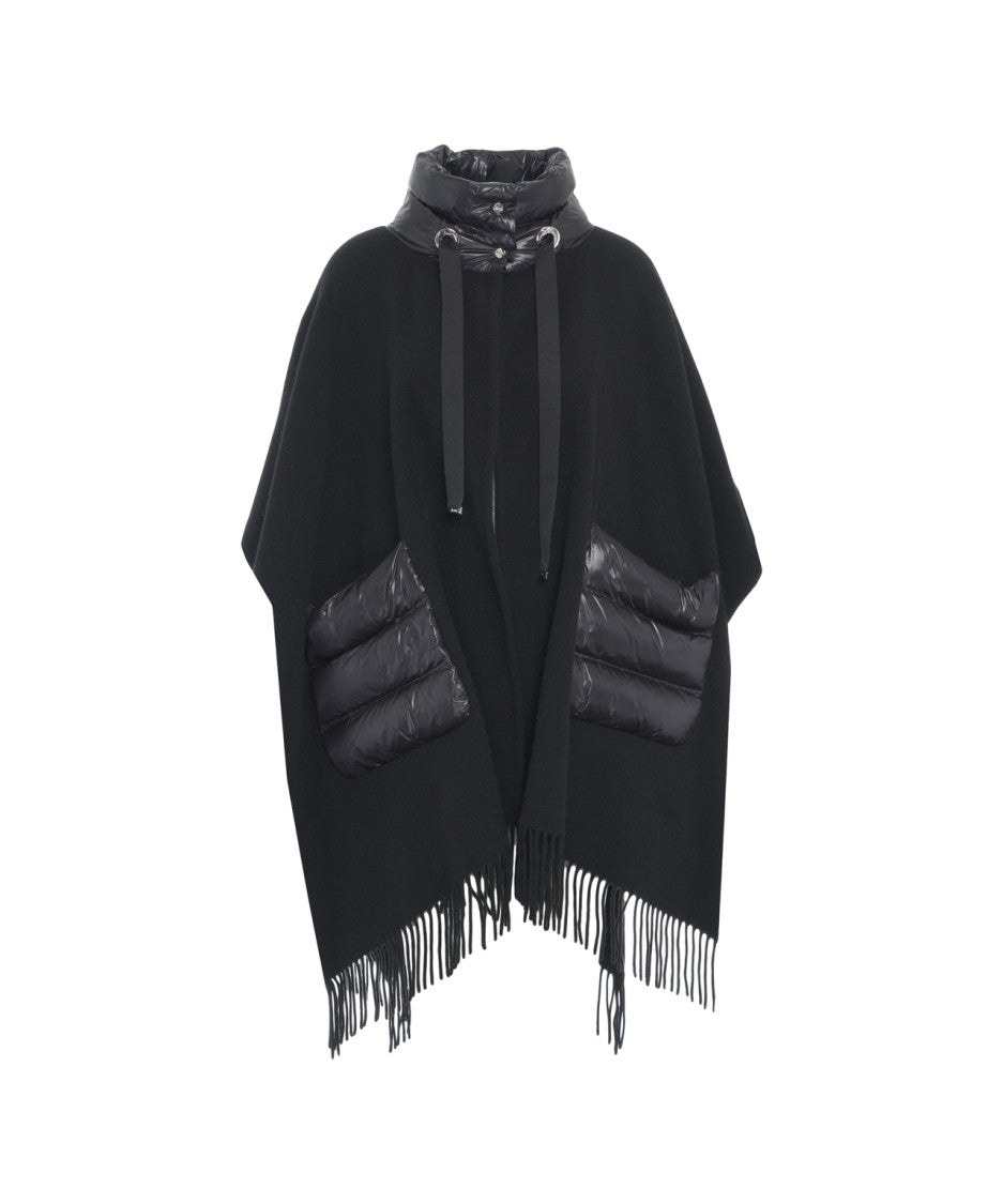 Herno Cape With Quilted Down Panels And Frayed Hem