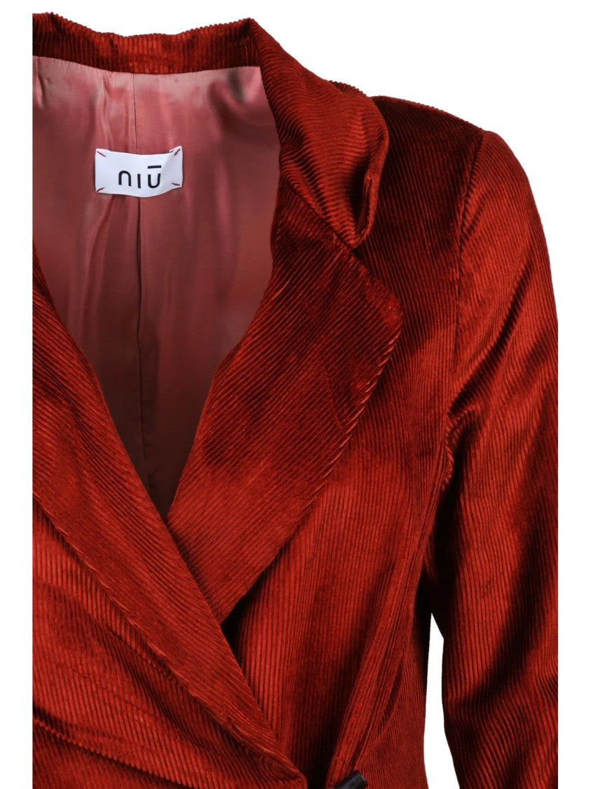 Niu Red Viscose-Blend Ruched Long Velvet Jacket