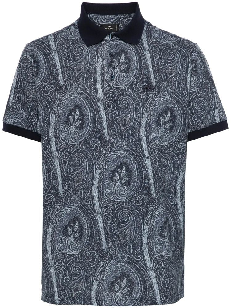 Etro Blue Paisley Pattern Cotton Short-Sleeve Polo Shirt
