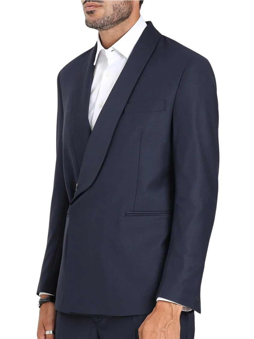 I M Brian Blue Double-Breasted Wool-Blend Blazer