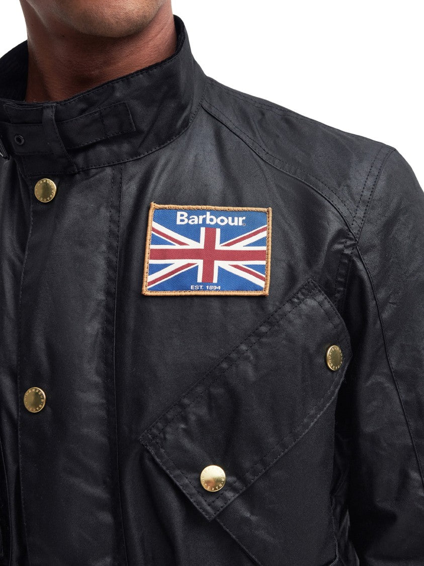 Barbour Union Jack Waxed Jacket With Belted Waist And Multi-Pocket Design