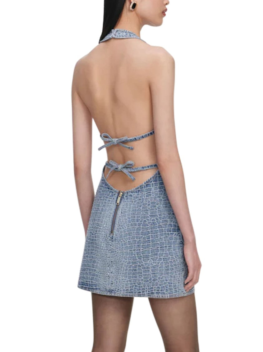 Self-Portrait Rhinestone-Embellished Croc-Effect Denim Mini Dress