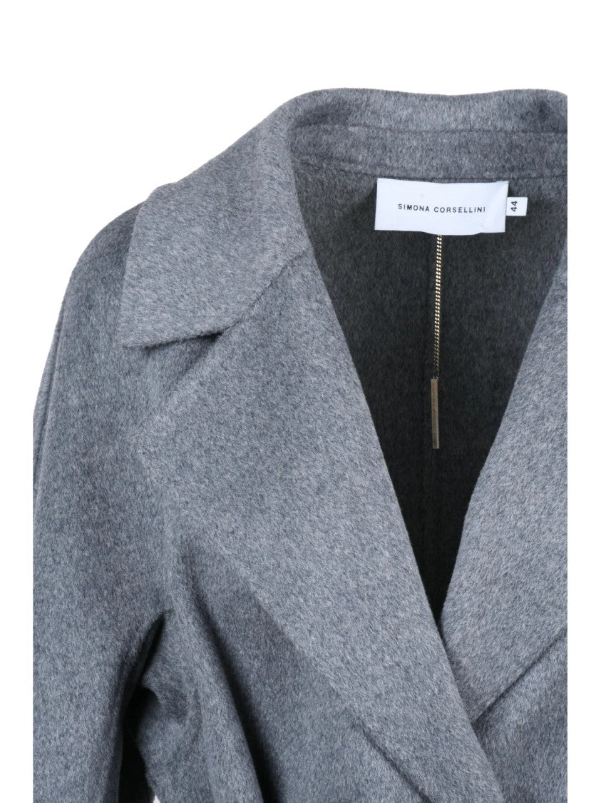 Simona Corsellini Grey Wool-Blend Belted Double-Breasted Long Coat