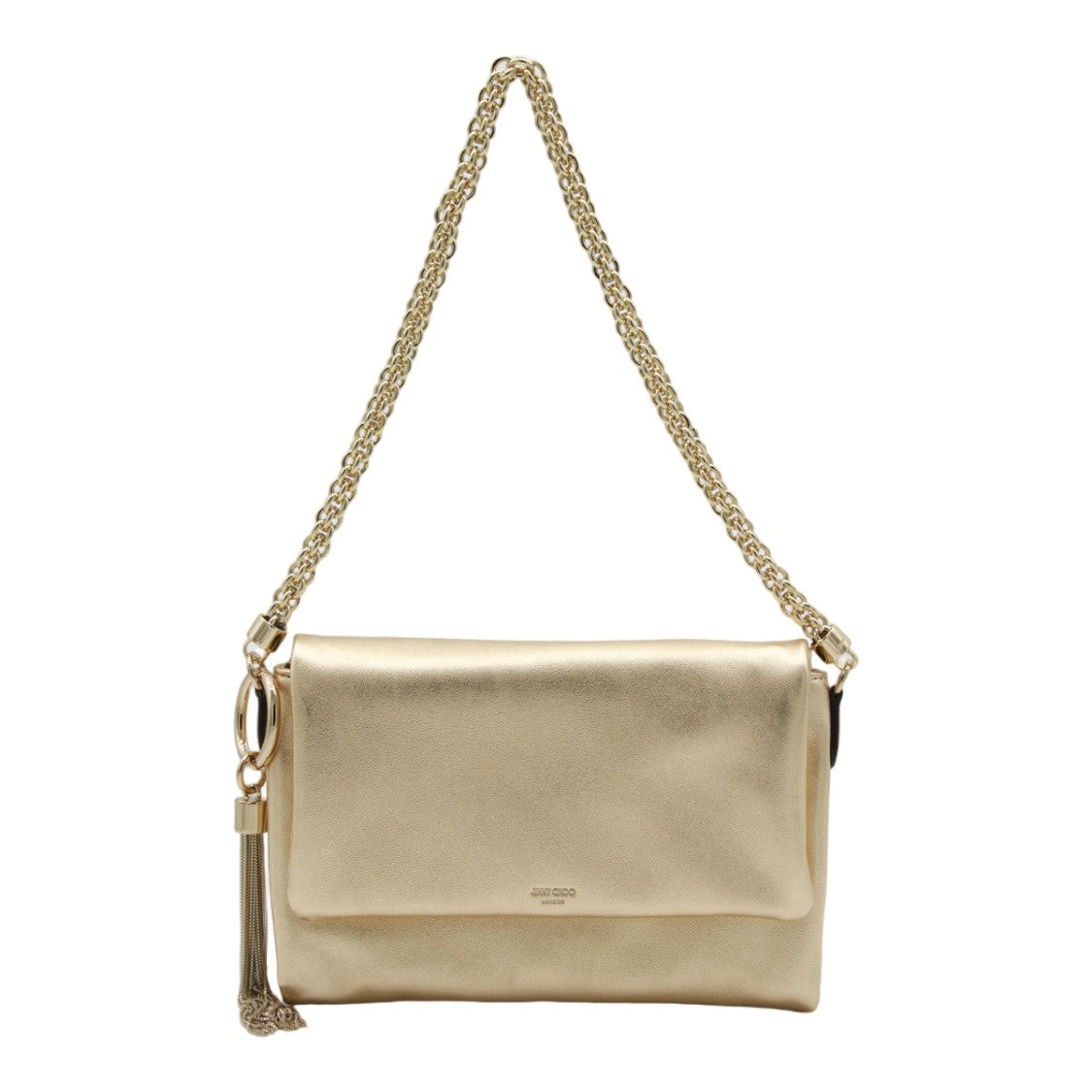 Jimmy Choo Metallic Gold Handbag With Flap Closure And Decorative Tassel