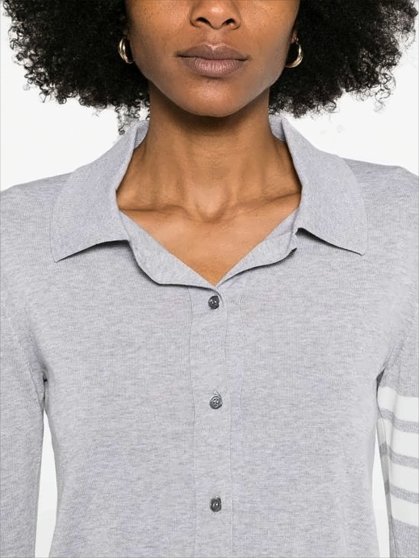 Thom Browne Light Grey Knit Sweater With Classic Collar And Striped Accents