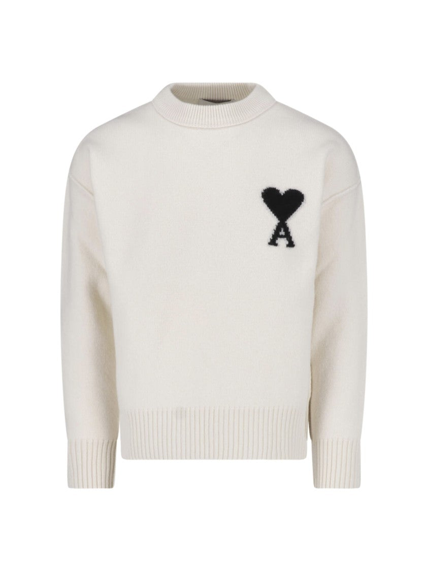 Ami Paris Cream Wool Sweater With Intarsia Heart And Logo Detail