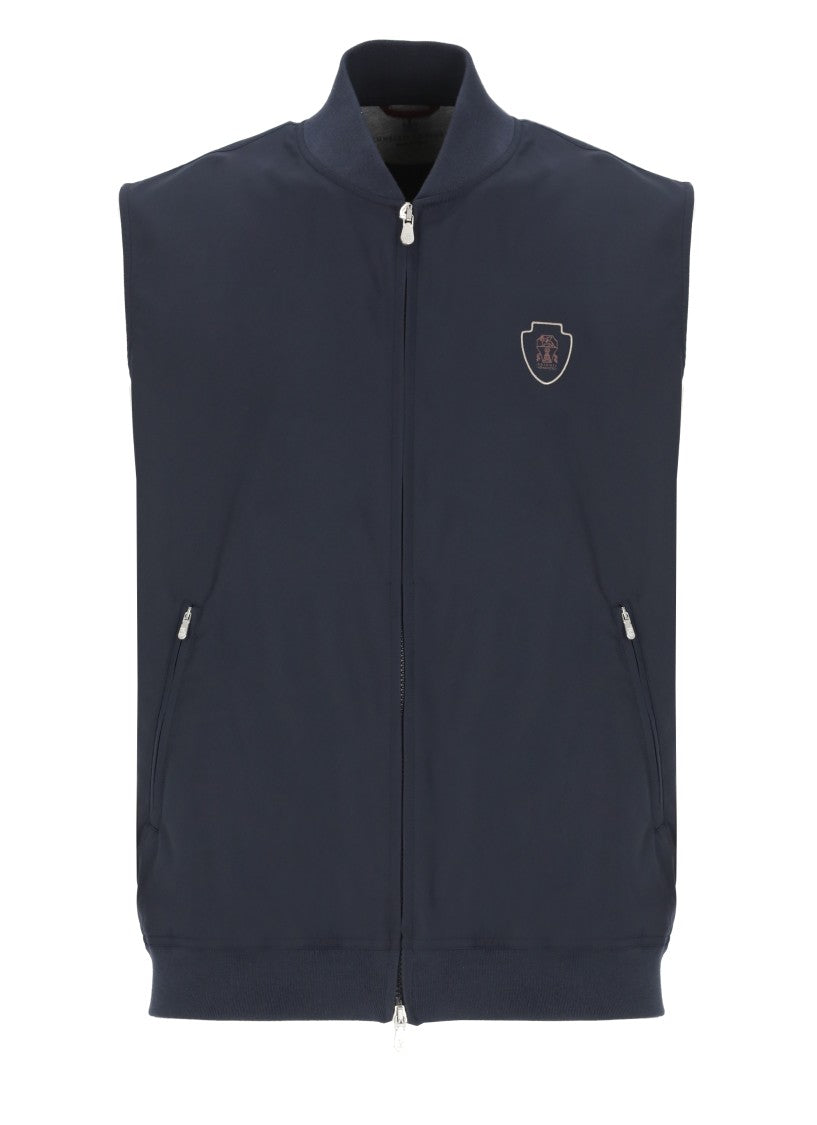 Brunello Cucinelli Sporty Blue Sleeveless Jacket With Contrasting Logo