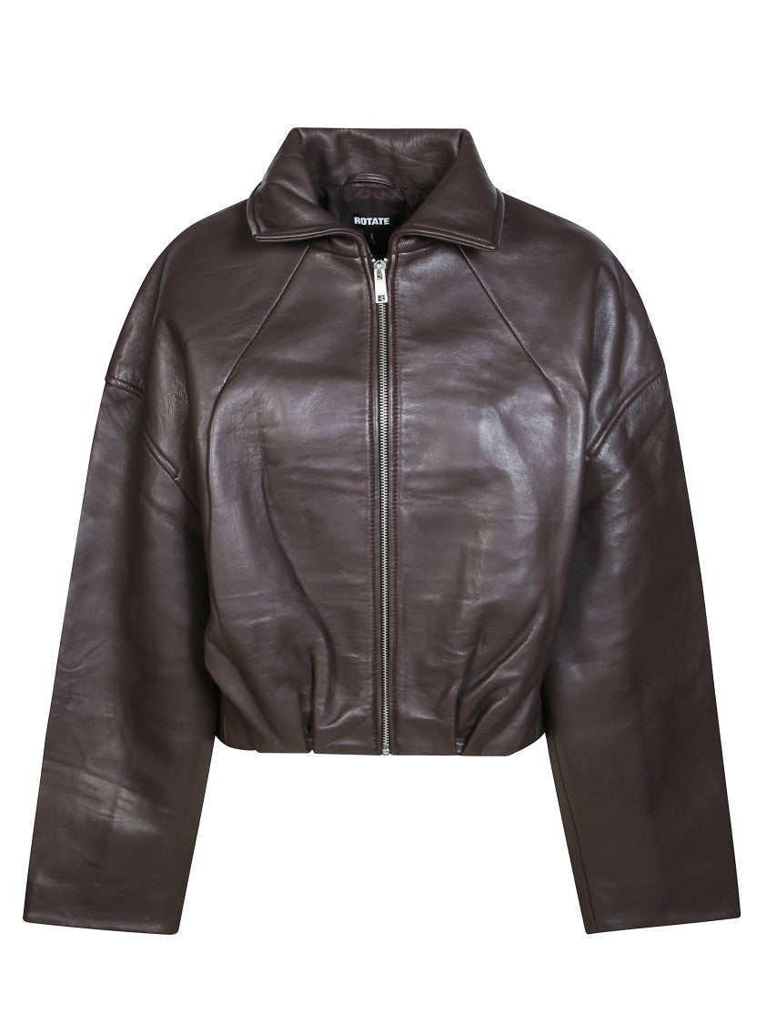Rotate Cropped Brown Bonded Lambskin Leather Jacket
