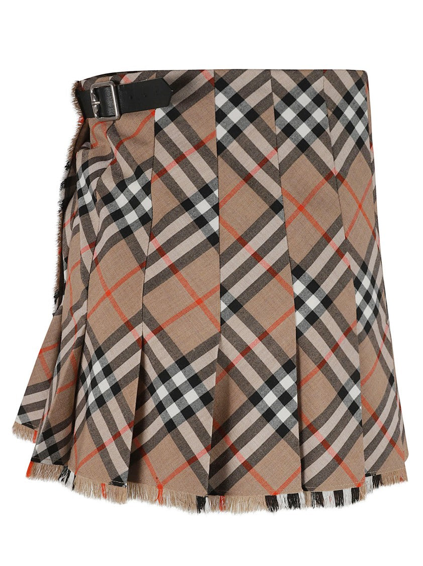 Burberry Plaid Pleated Skirt With Fringed Hem