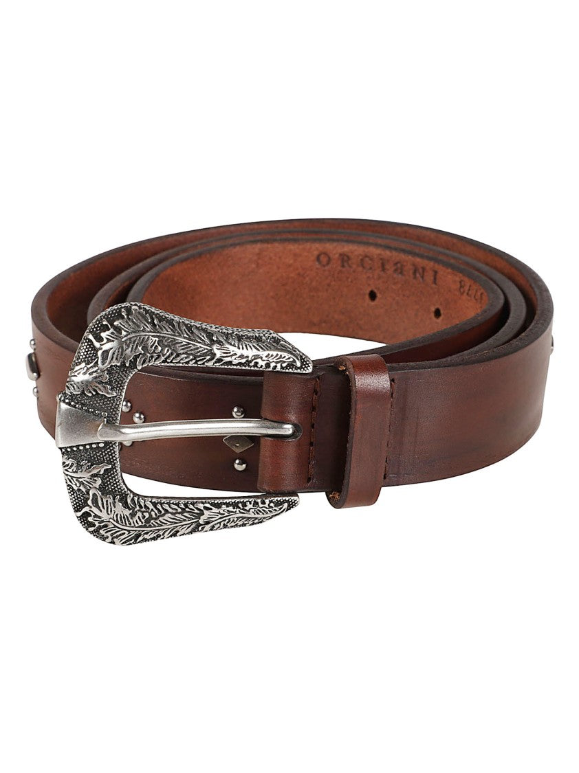 Orciani Antique Slim Brown Calf Leather Ornate Buckle Belt