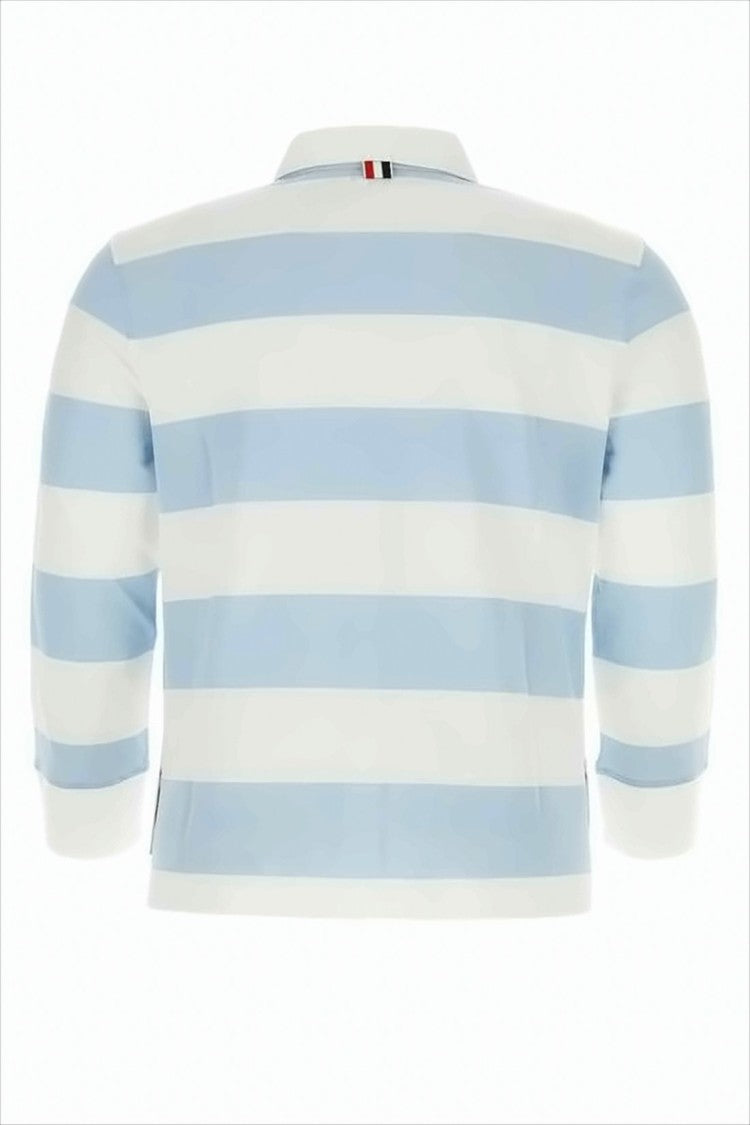 Thom Browne Light Blue And White Striped Long-Sleeved Polo Shirt