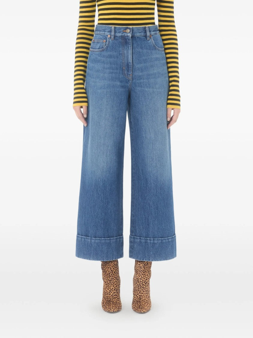 Valentino Medium Blue Wide-Leg Cuffed Denim Jeans