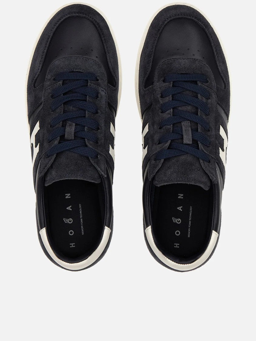 Hogan Blue Low-Top Suede Texture Contrast Sneakers